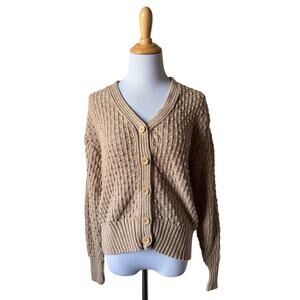 Liz Claiborne Lizsport 100% Cotton Tan Textured Stitch Button Up Cardigan- Sz L